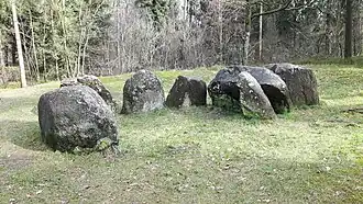 Hunebed D31, de overgebleven deksteen ligt tussen een sluitsteen en enkele draagstenen