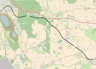 Kaart van de spoorlijn Helmstedt-Eilsleben, waar ook andere infrastructuur rond Helmstedt op zichtbaar is