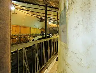 Een blik achter het canvas over een deel van de stal dat de ammoniak vasthoudt.