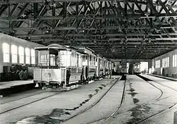 Interieur van de oude tramremise Dalsenget, die op 10 oktober 1956 is afgebrand; jaren twintig.