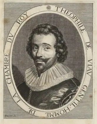 Portret van Théophile de Viau. Gravure Pierre Daret, zoals afgedrukt in Œuvres complètes, 1632.(Collectie Musée Carnavalet).