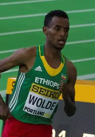 Dawit Wolde tijdens de WK indoor 2016 in Portland.