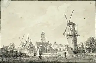 Molen De Kat in 1756(op de achtergrond het St. Jobsgasthuis)