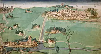 Overschie (links onder), Rotterdam (links boven) en Delfshaven (rechts boven) in 1512.