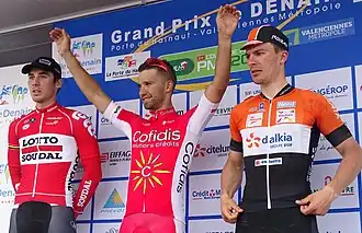 Boris Vallée (2), Nacer Bouhanni (1) en Rudy Barbier (3)