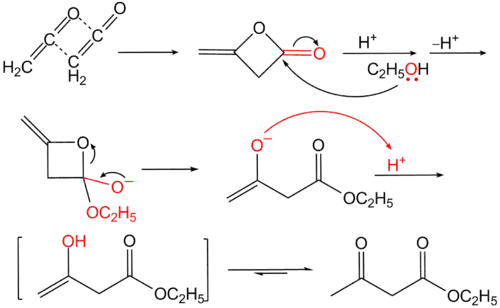 Nucleofiele reactie van diketeen met ethanol tot ethylacetoacetaat.