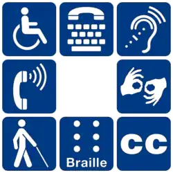 Een witte achtergrond met acht blauwe symbolen die verschillende vormen van handicap en toegankelijkheid vertegenwoordigen.