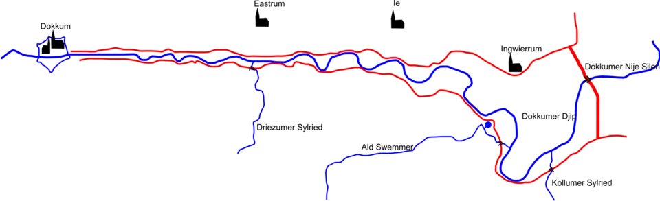 Friestalige kaart van het Dokkumergrootdiep. De Nederlandse namen voor de plaatsen en waterwegen op de kaart zijn Oostrum (Eastrum), Ee (Ie), Engwierum (Ingwierrum), Dokkumer Nieuwe Zijlen (Dokkumer Nije Silen), Dokkumerdiep (Dokkumer Djip), Driesumerried (Driezumer Sylried), Oude Zwemmer (Ald Swemmer) en Zijlsterrijd (Kollumer Sylried).