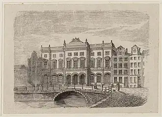 Houtgravure van de Nieuwezijds Voorburgwal 188-194. Op nummer 192 het oude Postkantoor. Op de voorgrond de Donkere Sluis. Gravure dateert tussen 1854 en 1890