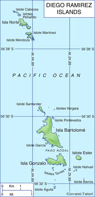 Islote Águila, helemaal onderaan, bij de Diego Ramírez-eilanden.