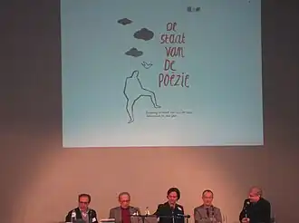 Möhlmann (midden) in debat met v.l.n.r. Joost Nijsen, Jozef Deleu, Harold Polis en Erwin Jans (Gent, 2013)