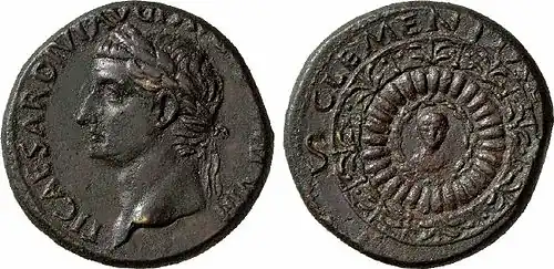 Een buste op een votiefschild op de keerzijde van een dupondius van Tiberius met de legende: CLEMENTIAE / S - [C].