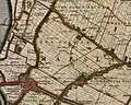 Kaart van de Dijkpolder, door Kruikius, 1712. Goed te zien zijn de langgerekte percelen.