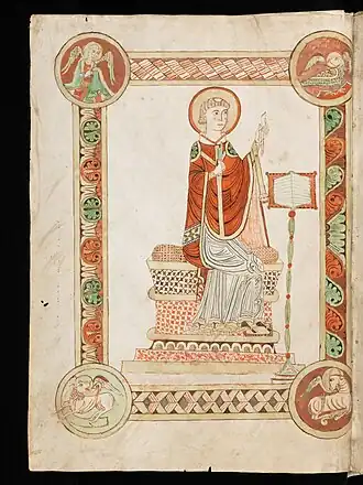 Beda scherpt zijn pen(1143/78), miniatuur in een codex met zijn homilieën over de evangelies, cod. 47, Stiftsbibliothek Abdij Engelberg