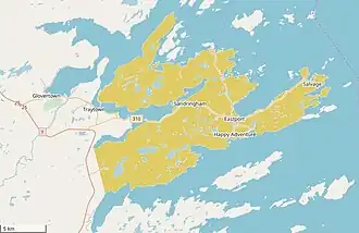 Newman Sound is de zee-arm die zich ten zuiden van het schiereiland Eastport (goudkleurig) bevindt.