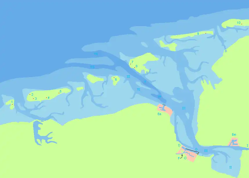 Kaart van de Eemsmonding met de havens van Delfzijl (D), Farmsumerhaven (F), Oosterhornhaven (O), Eemshaven (Ee) en de Haven van Emden (Em), samen met de 6 vuurtorens en 4 kapen van dit gebied. De waternamen zijn: I = Ems (Eems in Duitsland), II = Dollard, III = Eems, IV = Dukegat, V = Randzelgat (geul), VI = Oude Westereems (geul), VII = Westereems (geul), IIX = Huibertgat (geul).