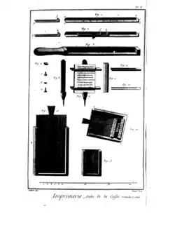Zethaken en galeien in de Encyclopédie van Diderot en d'Alembert, 1769. In de houder met tekst leest de zetter zijn zetwerk.