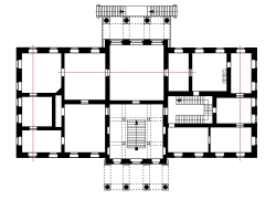 Plattegrond van het Nieuwe Kasteel in Kostelec nad Orlicí, Tsjechië. De drie rode lijnen geven enfilades aan.