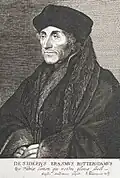 Portret van Desiderius Erasmus, humanist. Kopergravure naar Hans Holbijn