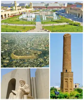 Een collage van Erbil

Met de klok mee: Sharpark, de Mudhafariaminaret, stadbeeld van historicus Ibn al-Mustawfi en de Citadel van Erbil