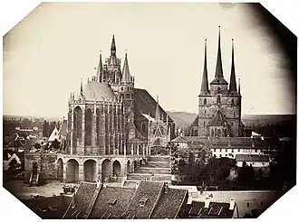 Historische afbeelding van de dom en Severuskerk (1850)