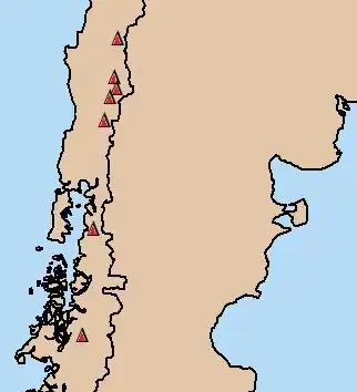 Kaart van de vulkanen in de Zuidelijke Vulkanische Zone die tussen 1990 en 2011 zijn uitgebarsten