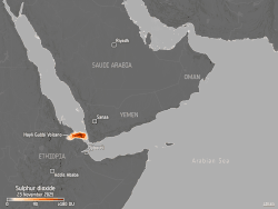 Kaart van hetzelfde gebied, waar de aspluim zich op 23 en 24 november uitstrekte: van oost-Ethiopië tot Oman en het noorden van de Arabische Zee. De aspluim is geschematiseerd.