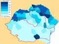 Deze kaart laat de Joodse bevolking in Roemenië zien, maar ook de verdeling van het district Bihor (donkerblauw in het westen)