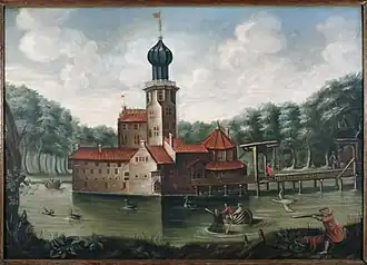 De borg Ewsum op een 18e-eeuws schilderij zoals het eruit zou hebben gezien vóór 1649
