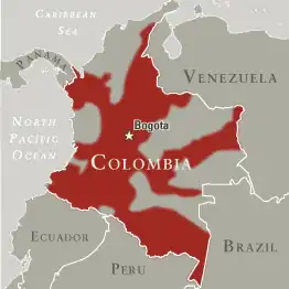 De gebieden in Colombia waar de FARC aanwezig is.