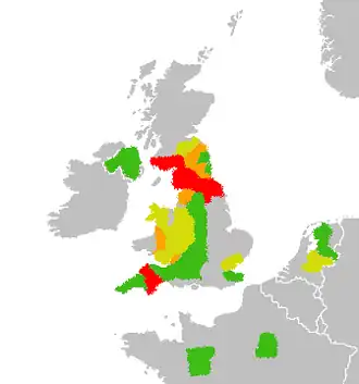 Overzicht MKZ-epidemie 2001 groen = 1-10; geel = 10-50; oranje = 50-100; rood = 100-893 uitbraken.