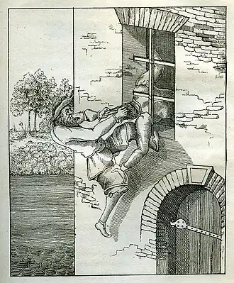 De duivel trekt Faust door het tralieraam naar buiten, illustratie uit de Geldersche Volksalmanak uit 1842