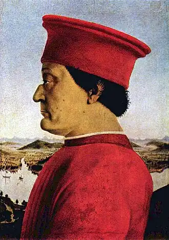 Fedrico da Montefeltro (1465/66) door Piero della Francesca (detail uit Portretten van Federico da Montefeltro en Battista Sforza)
