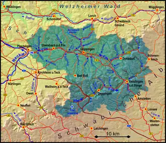 Stroomgebied van de Fils. Geen oppervlakte-afvoer in gearceerde gebieden.
