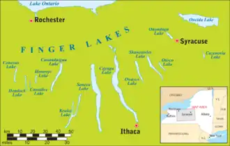 Kaart met daarop de Finger Lakes