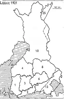 19211: Turku en Pori2: Uusimaa3: Häme4: Vaasa6: Mikkeli8: Kuopio10: Oulu12: Åland13: Viipuri25: Petsamo