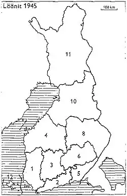 19451: Turku en Pori2: Uusimaa3: Häme4: Vaasa5: Kymi6: Mikkeli8: Kuopio10: Oulu11: Lapland12: Åland