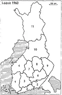 19601: Turku en Pori2: Uusimaa3: Häme4: Vaasa5: Kymi6: Mikkeli7: Centraal Finland8: Kuopio9: Noord Karelia10: Oulu11: Lapland12: Åland