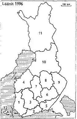 19961: Turku en Pori2: Uusimaa3: Häme4: Vaasa5: Kymi6: Mikkeli7: Centraal Finland8: Kuopio9: Noord Karelia10: Oulu11: Lapland12: Åland