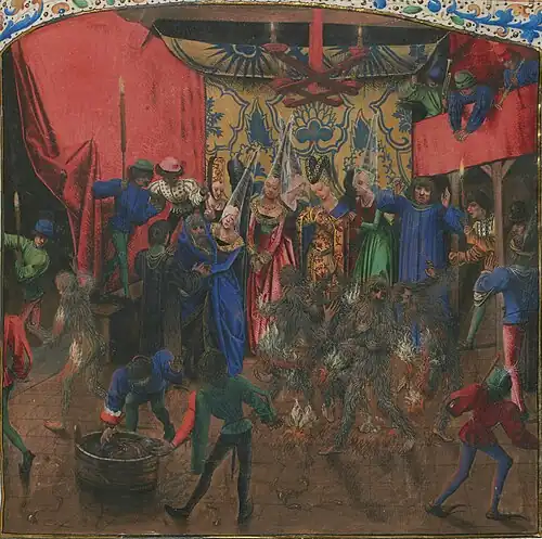 Bal des Ardents(ca. 1475), Meester van Antoon van Bourgondië, Kroniek van Froissart, BnFOp de voorgrond ziet men een danser in een wijnvat, links in het midden Karel VI die onder de rok van de hertogin van Berry en de in brand staande dansers in het midden.