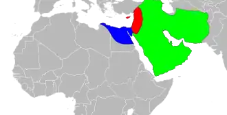 alt=
■&nbsp;Gebied beheerst door de Rashidun (Ali ibn Aboe Talib)
■&nbsp;Gebied beheerst door Moe'awija I
■&nbsp;Gebied beheerst door 'Amr ibn al-'As