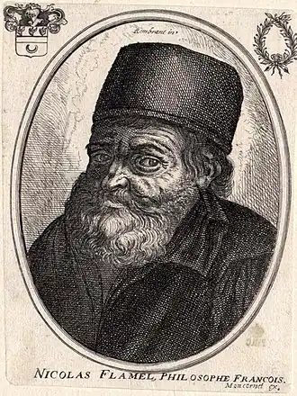 Nicolas Flamel Philosophe François, een gefantaseerd portret door Balthasar Moncornet (1600–1670), naar verluidt naar een gravure van Rembrandt.