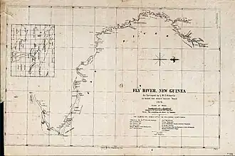 D'Albertis Kaart van de Fly uit 1876, met de zijrivier Alice River rechts bovenaan
