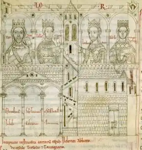 Lambert (tweede van links) afgebeeld als een van de koningen die de San Clemente-abdij in Castiglione a Casauria had bevoordeeld en beschermd (uit de Chronicon Casauriense, 12e-eeuws manuscript).