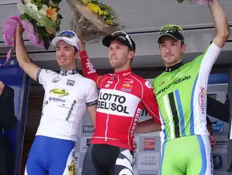 Tom Van Asbroeck (2e), Jonas Van Genechten (1e) en Elia Viviani (3e).