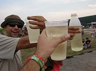 Mensen drinken Spritzer (Fröccs) op een festival in Hongarije