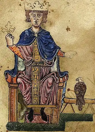 Frederick II met valkValkenboek door Frederik II, Vaticaanse Bibliotheek