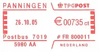 Een Nederlands frankeermachinestempel van een bedrijf in Panningen, 26&nbsp;oktober 2005