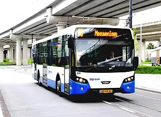 Tweede generatie van de Citea-stadsbus.Dit is GVB bus 1101 van het type Citea SLF 120.250 op 30 augustus 2011 te Amsterdam.