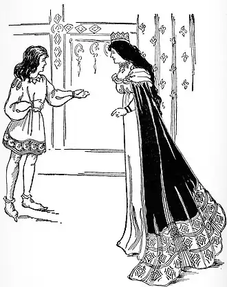 Tekening van Gareth en zijn moeder Queen Bellicent of Orkney, uit het verhaal "Gareth and Lynette" uit Stories from Tennyson. De jonge Gareth doet een beroep op zijn beschermende moeder om hem koning Arthur te laten dienen. In andere verhalen wordt koningin Bellicent Morgause genoemd. H. S. Campbell, 1902.